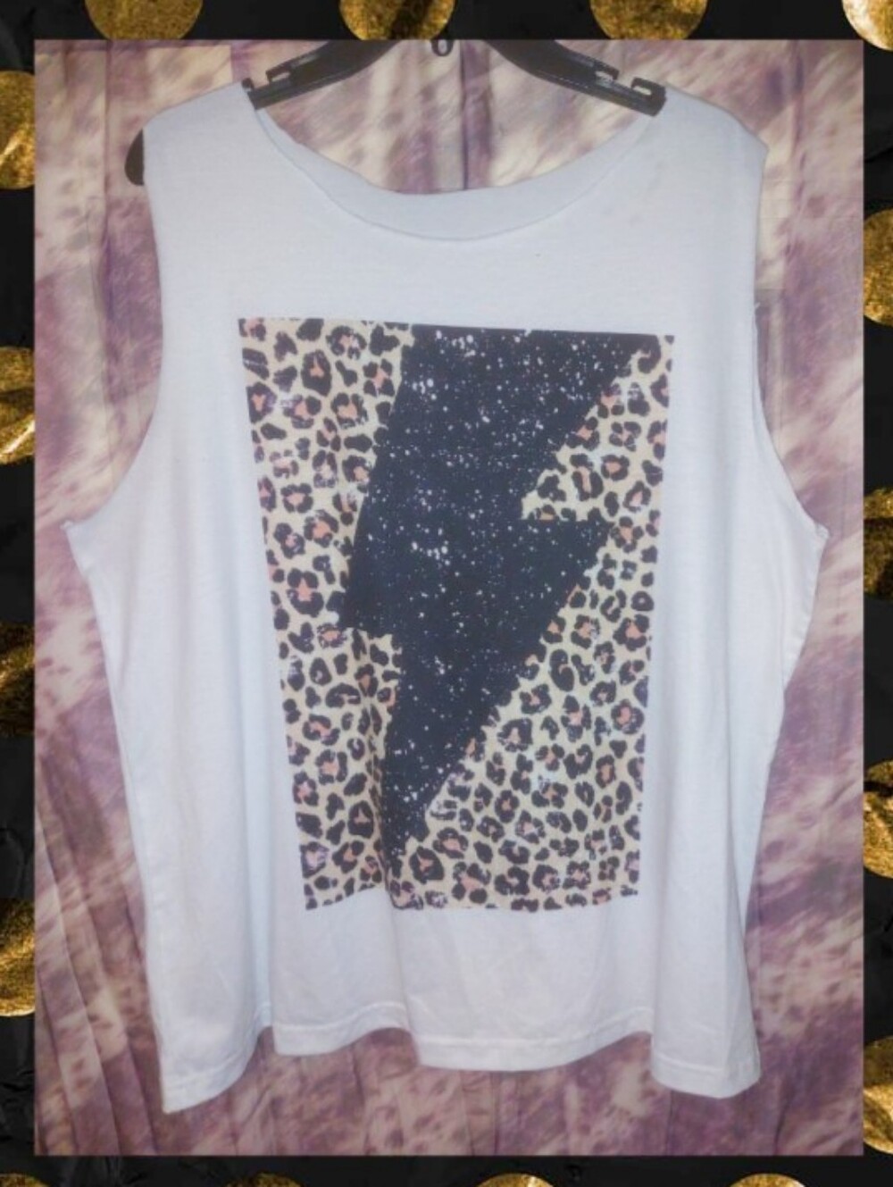 White w/Multicolor Leopard & Lightening Bolt Soft Knit Tank Top w/Raw Hems Sz 2X